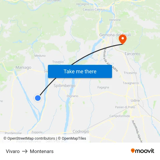 Vivaro to Montenars map