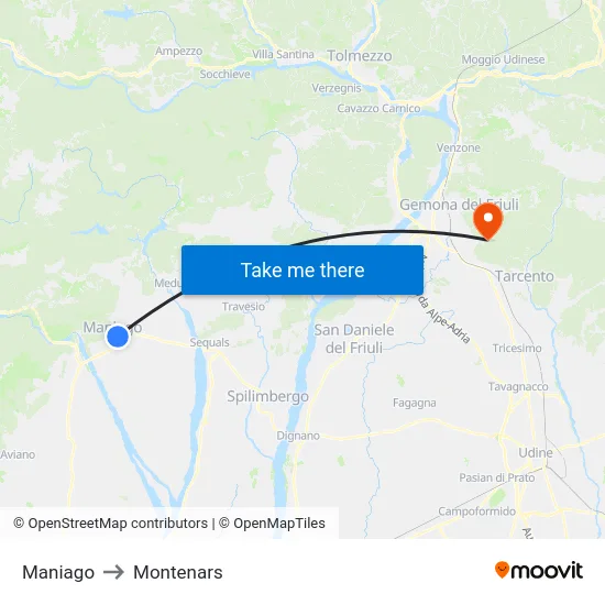 Maniago to Montenars map