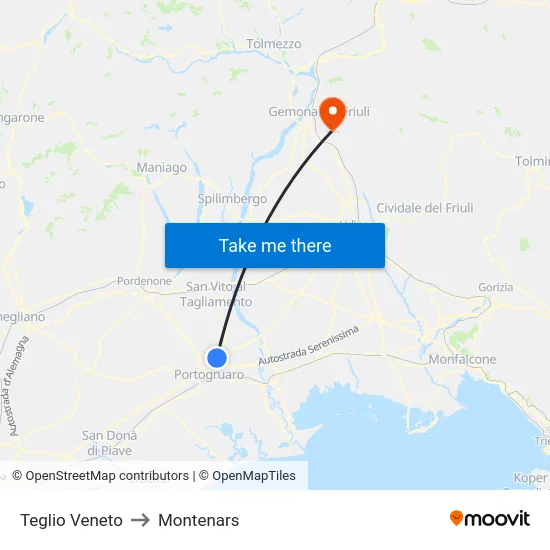 Teglio Veneto to Montenars map