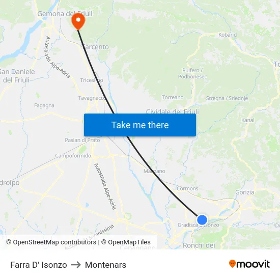 Farra D' Isonzo to Montenars map