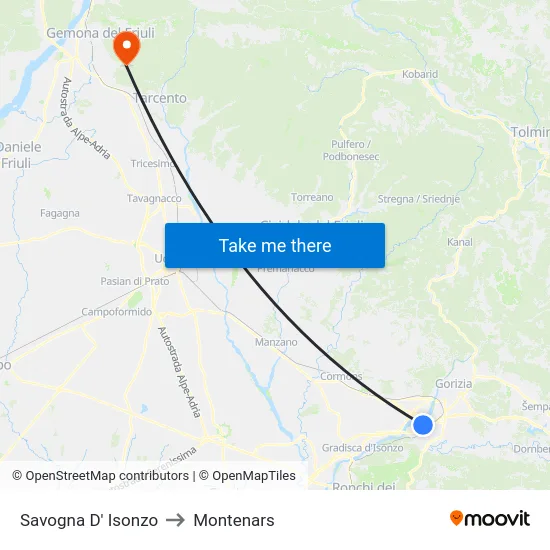 Savogna D' Isonzo to Montenars map
