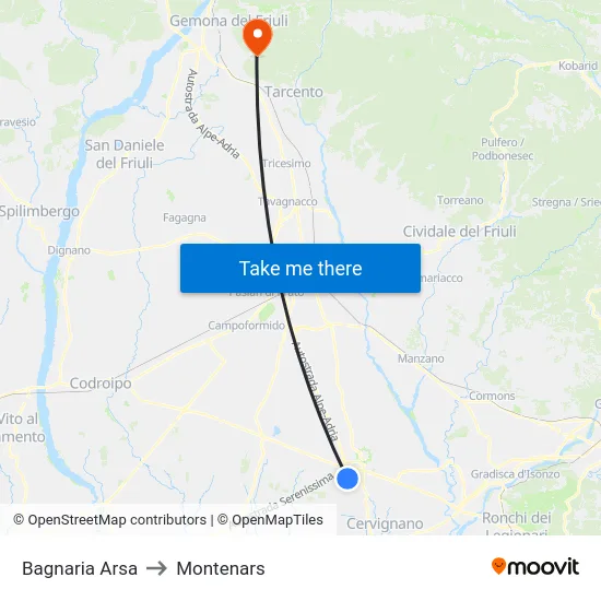 Bagnaria Arsa to Montenars map