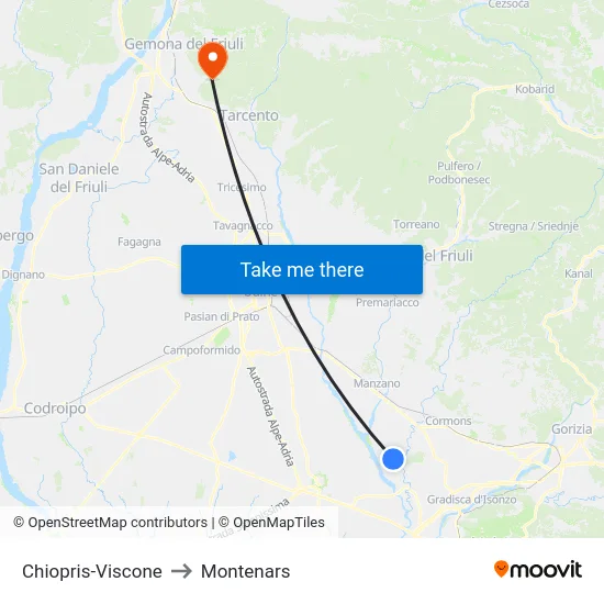Chiopris-Viscone to Montenars map