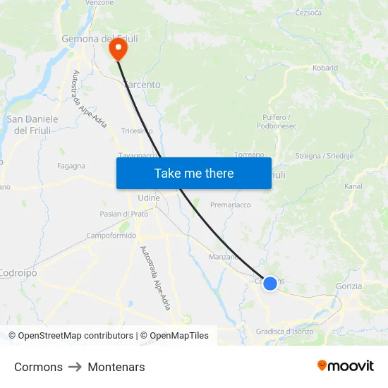 Cormons to Montenars map