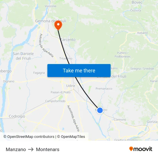 Manzano to Montenars map