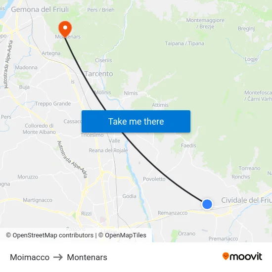 Moimacco to Montenars map