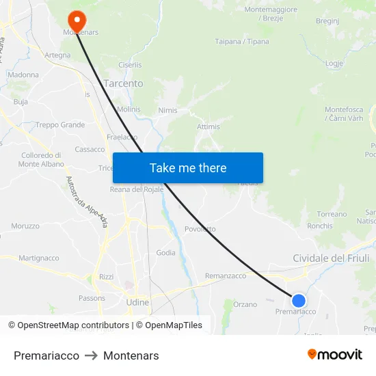 Premariacco to Montenars map