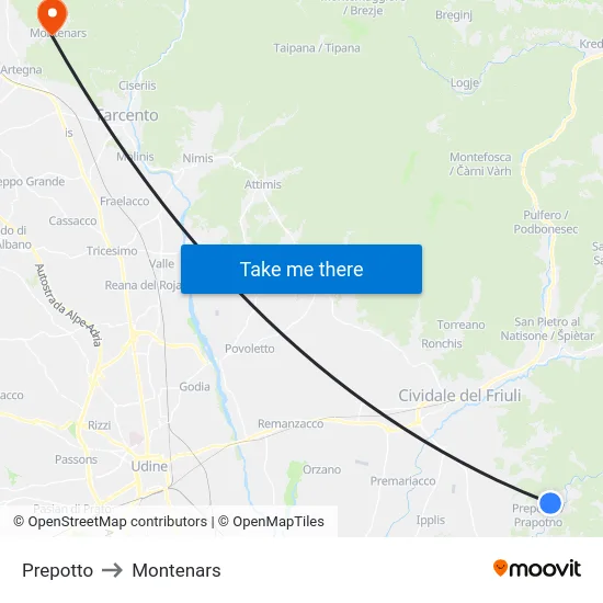 Prepotto to Montenars map