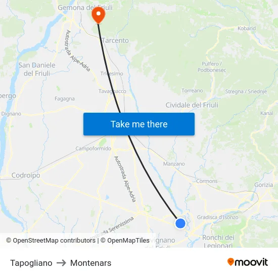 Tapogliano to Montenars map