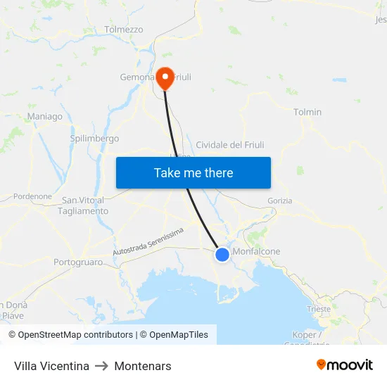 Villa Vicentina to Montenars map