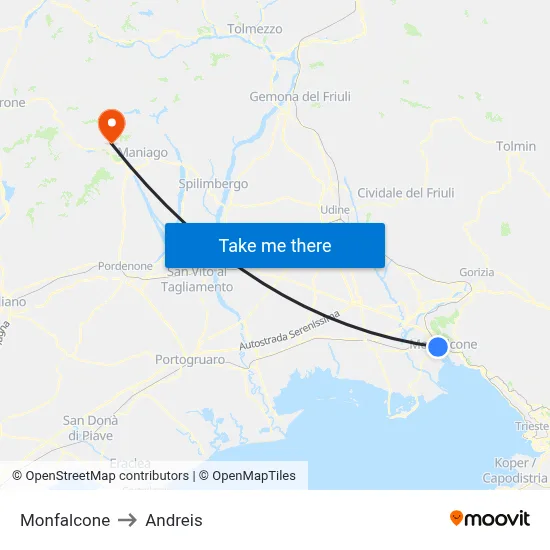 Monfalcone to Andreis map