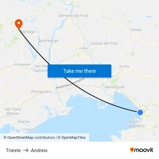 Trieste to Andreis map