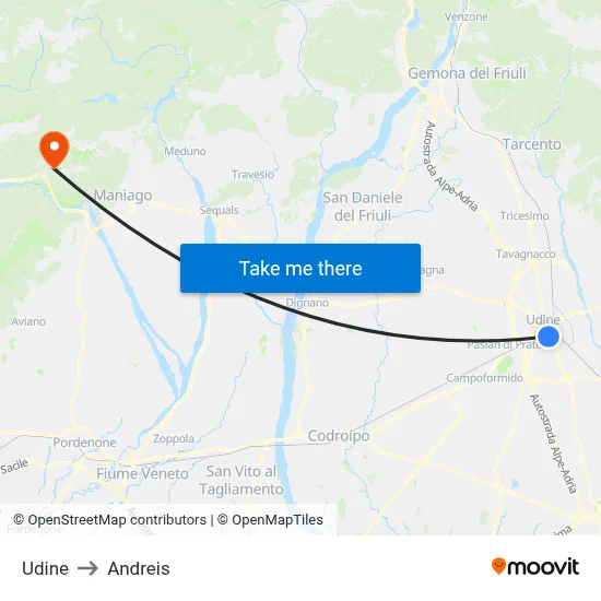 Udine to Andreis map