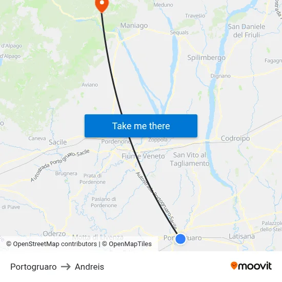Portogruaro to Andreis map