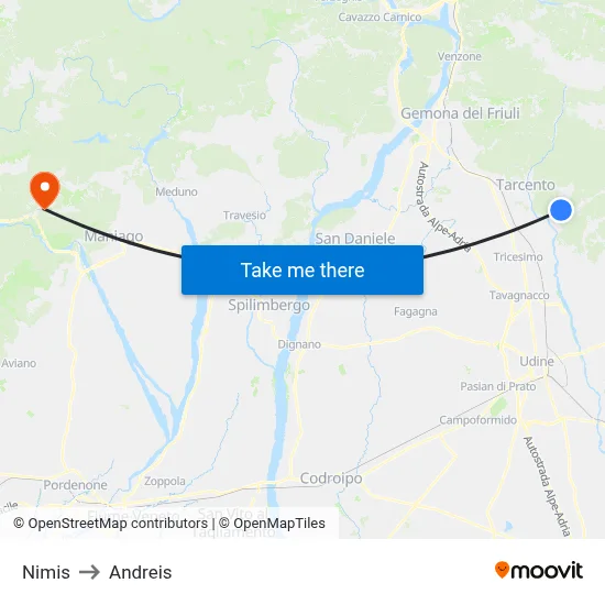 Nimis to Andreis map