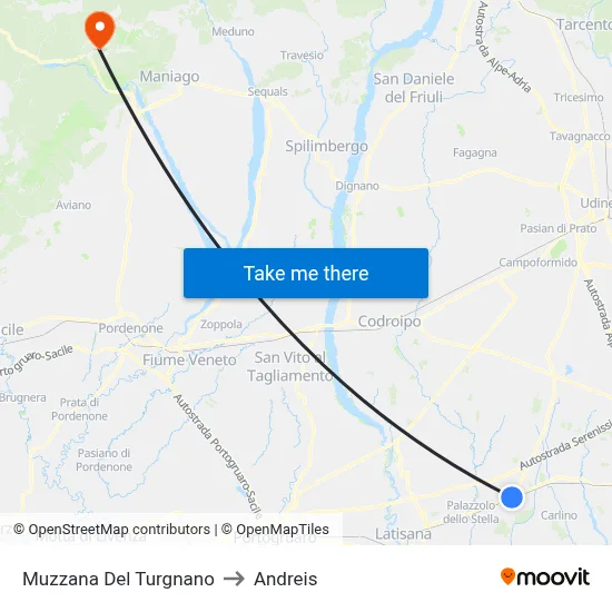 Muzzana del Turgnano to Andreis map