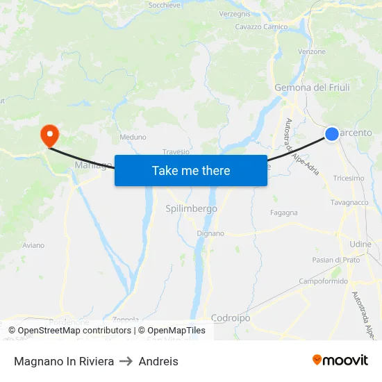 Magnano In Riviera to Andreis map