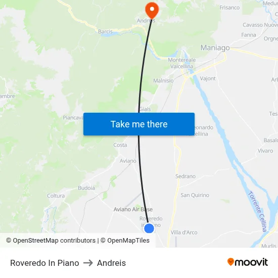 Roveredo in Piano to Andreis map