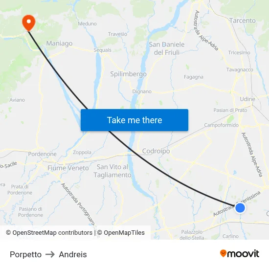 Porpetto to Andreis map