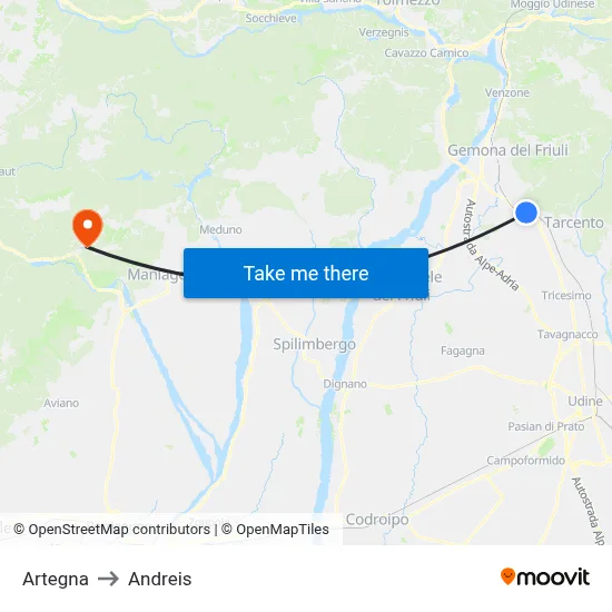 Artegna to Andreis map