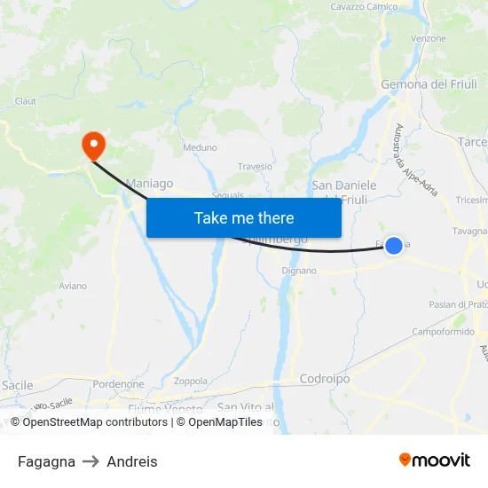 Fagagna to Andreis map