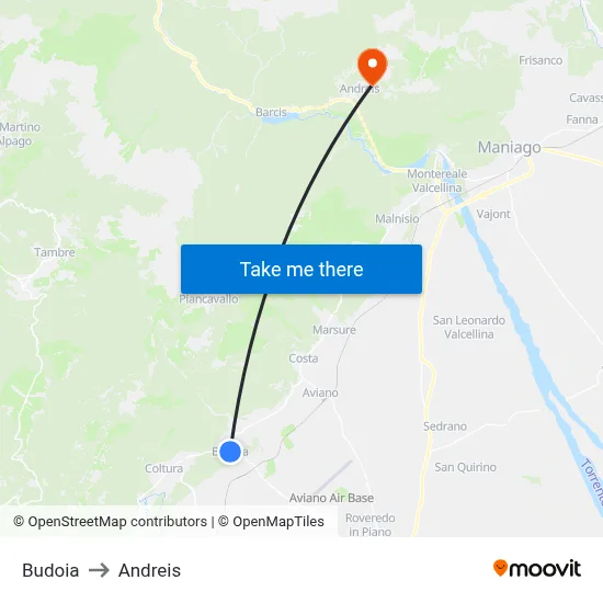 Budoia to Andreis map