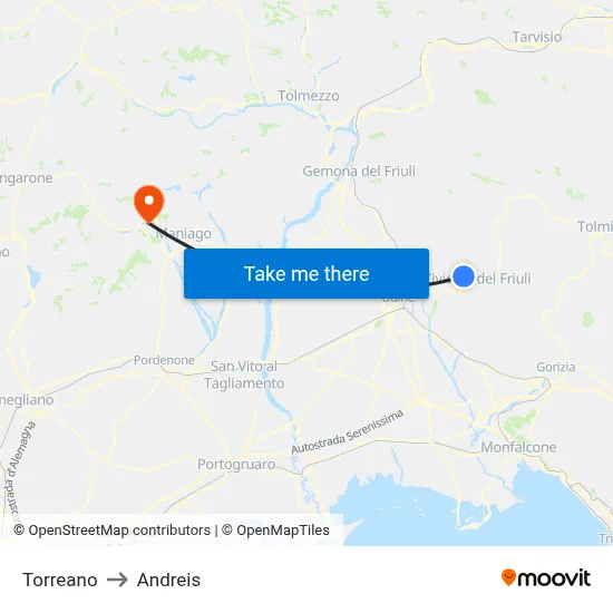 Torreano to Andreis map
