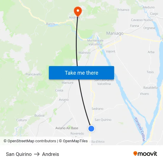 San Quirino to Andreis map