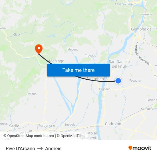 Rive d'Arcano to Andreis map