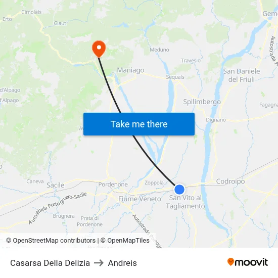Casarsa della Delizia to Andreis map