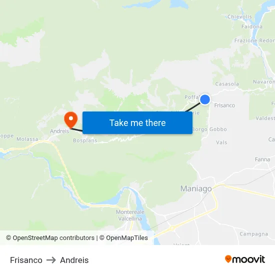 Frisanco to Andreis map