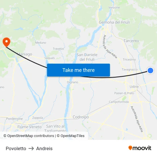 Povoletto to Andreis map