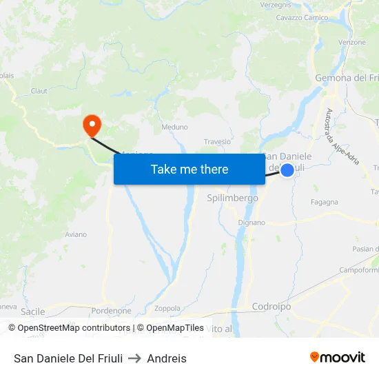 San Daniele del Friuli to Andreis map