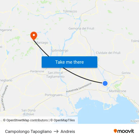 Campolongo Tapogliano to Andreis map