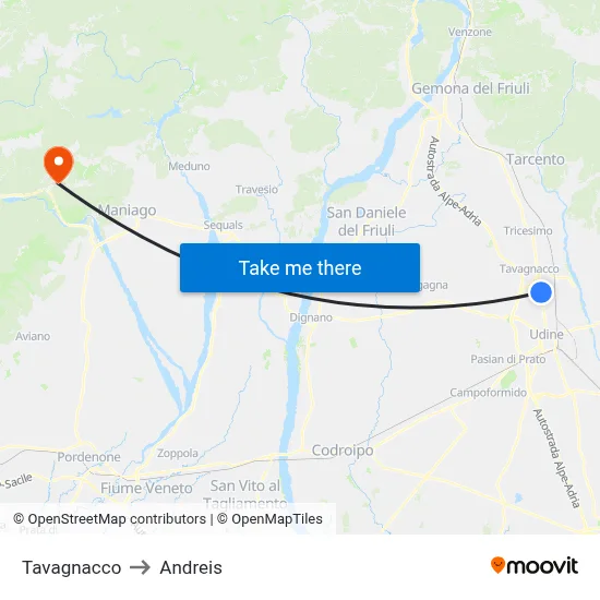 Tavagnacco to Andreis map