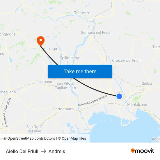 Aiello del Friuli to Andreis map
