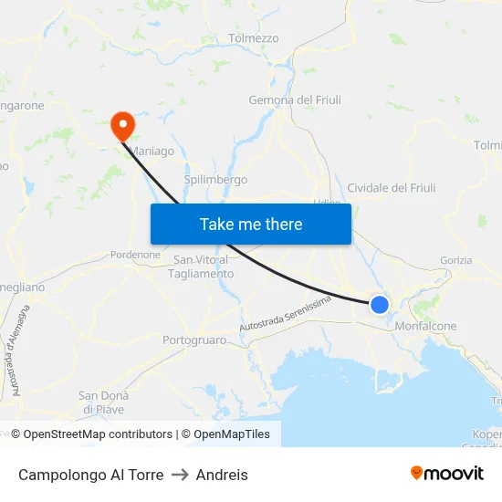 Campolongo al Torre to Andreis map