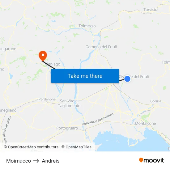 Moimacco to Andreis map