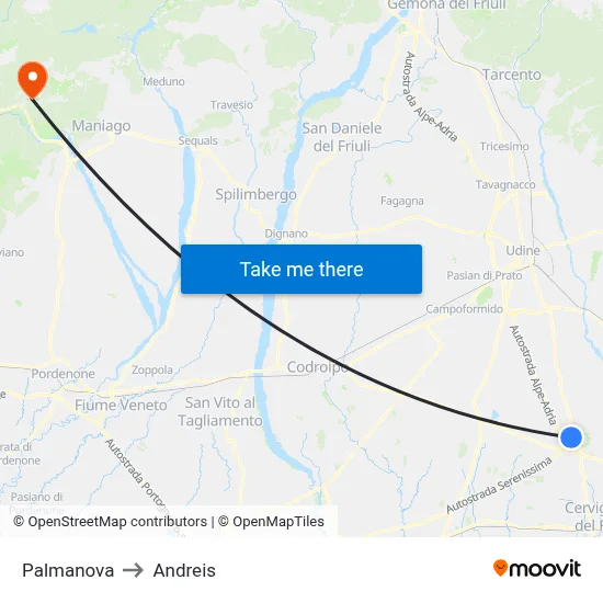 Palmanova to Andreis map