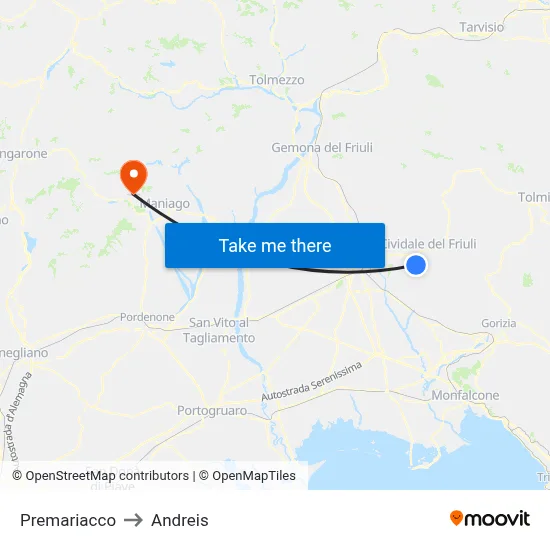 Premariacco to Andreis map