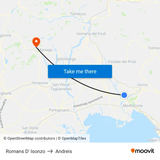 Romans d'Isonzo to Andreis map