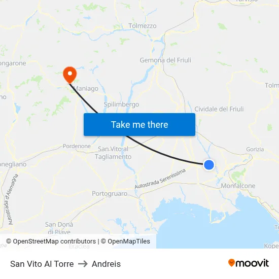 San Vito al Torre to Andreis map