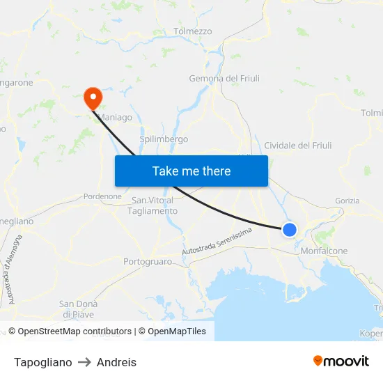 Tapogliano to Andreis map