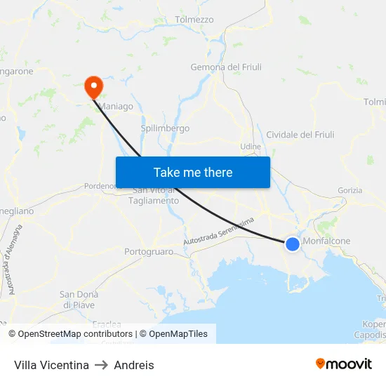 Villa Vicentina to Andreis map