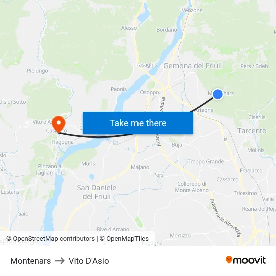 Montenars to Vito d'Asio map