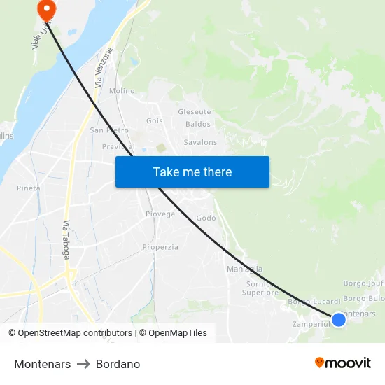 Montenars to Bordano map