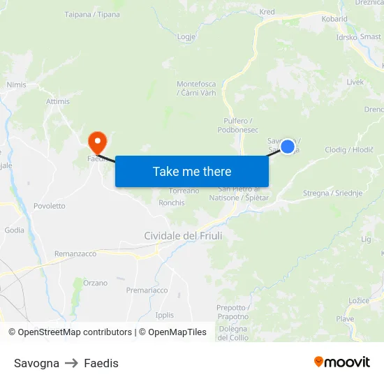 Savogna to Faedis map
