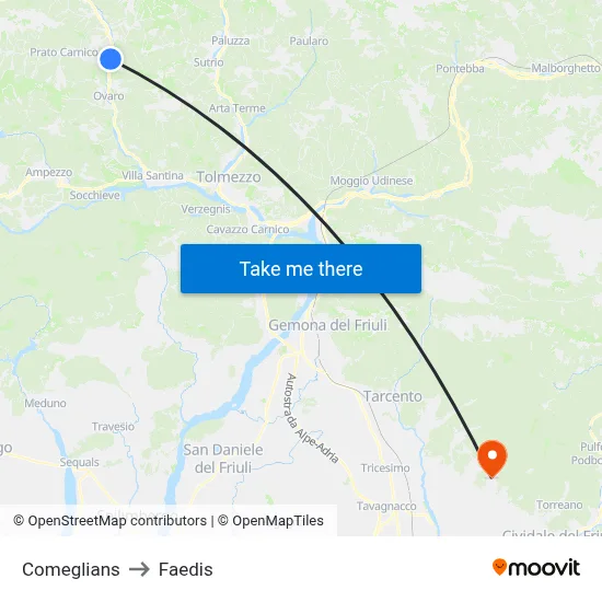 Comeglians to Faedis map