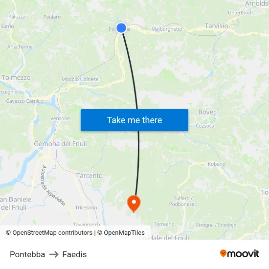 Pontebba to Faedis map