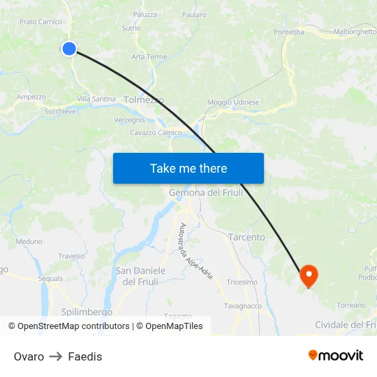 Ovaro to Faedis map